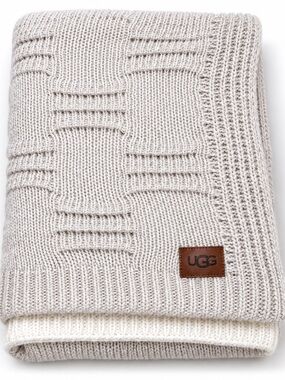 UGG Mohair Wool Blend Knit Throw Blanket Ivory Textured Cozy Luxe 46x67